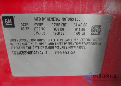 2013 Chevrolet Sonic Lt Auto from USA, damaged, VIN 1G1JC5SH8D4124701